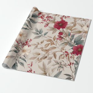Papier Cadeau Blanc Rustique Rouge Botanique Pastel Vintage Flor