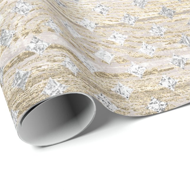 Papier Cadeau Blanc Silver Gris Or Diamond Coupe Bois Rustique (Coin rond)