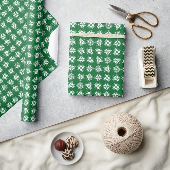 Papier Cadeau Blanc sur vert Nordic Sweater Snowflake Motif (Artisanat)