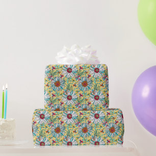 Papier Cadeau Blanc Turquoise Jaune orange Rouge Fleurs de margu
