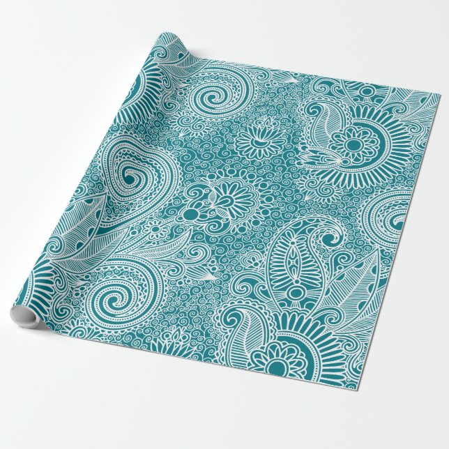 Papier Cadeau Blanc & Turquoise Vintage Paisley (Déroulé)
