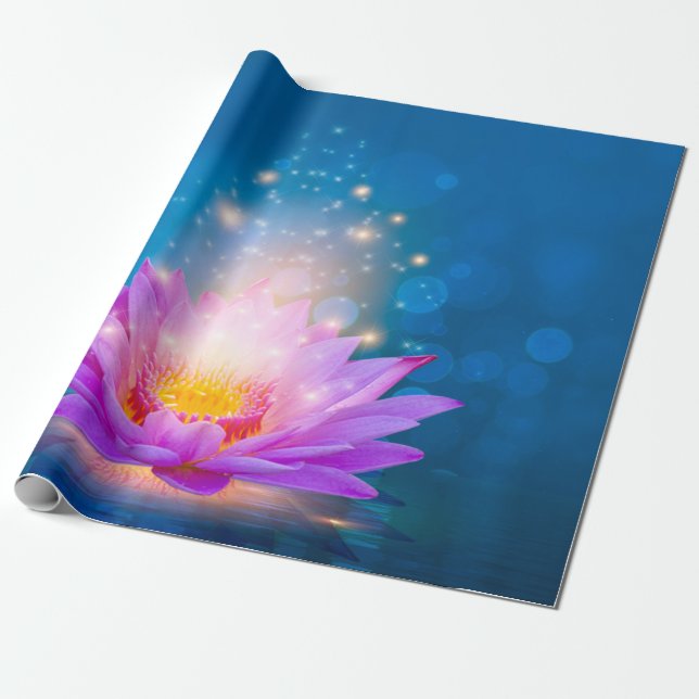Papier Cadeau Blanc Violet Lotus Fleur Zen Bleu (Déroulé)