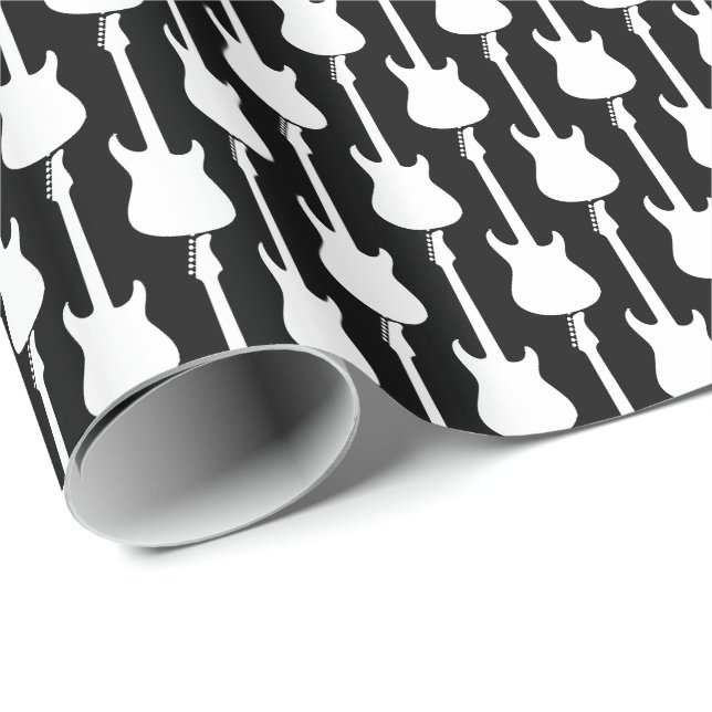 Papier Cadeau Blancs de guitare électrique sur noir (Coin rond)