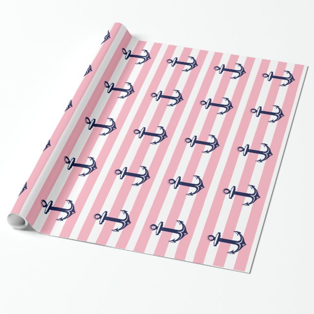 Papier Cadeau Blancs Et Roses Bleu Ancre Nautique (Déroulé)