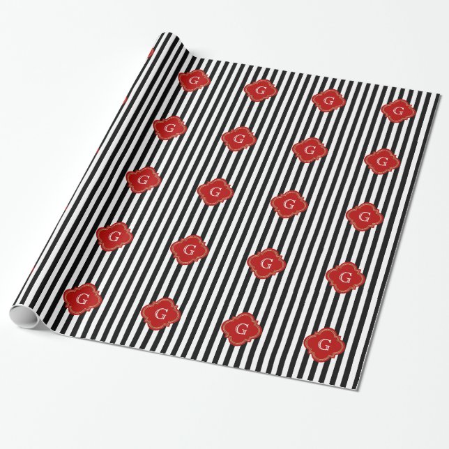 Papier Cadeau Blancs noirs, Monogramme Étiquette rouge (Déroulé)