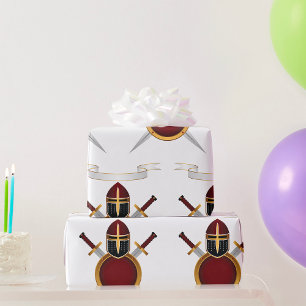 Papier Cadeau Blason de Chevalier Médiéval Casque Épées Bouclier