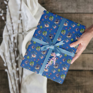 Papier Cadeau Bleu Art Nouveau Colonnet Vitré Fleurs