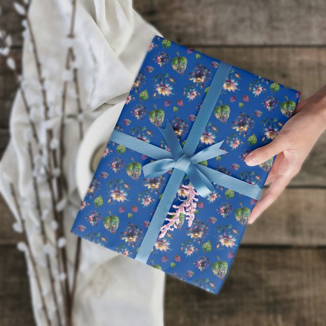 Papier Cadeau Bleu Art Nouveau Colonnet Vitré Fleurs (Créateur téléchargé)