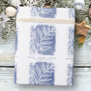 Papier Cadeau Bleu Artistique Blanc Twig Famille Noël