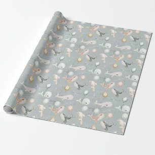 Papier Cadeau Bleu baleine dauphin et Parties scintillant d'or d