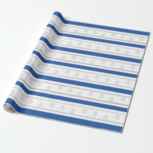 Papier Cadeau Bleu, blanc, argenté rayée avec ornements