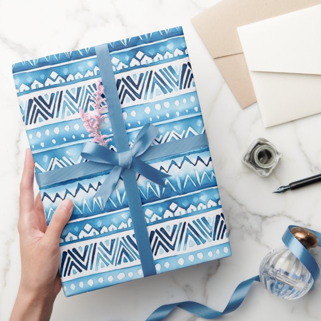Papier Cadeau Bleu blanc bandes tribales (Cadeaux)