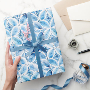 Papier Cadeau Bleu blanc Batik Fête des mariées florale