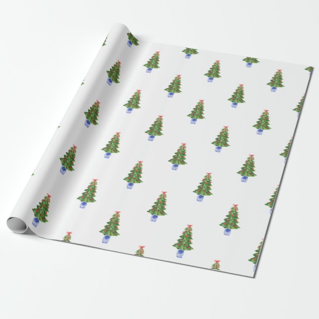 Papier Cadeau Bleu Blanc Chinoiserie Poterie Arbre de Noël Cadea (Déroulé)