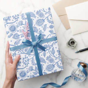 Papier Cadeau Bleu Blanc Floral Botanique Bohème Motif Fantaisis