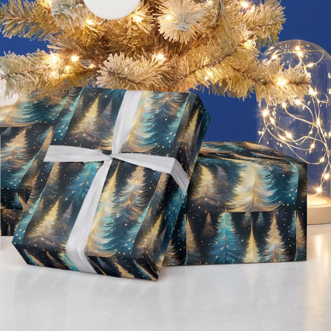 Papier Cadeau Bleu Blanc Or Arbres Moderne Noël (Vacances)