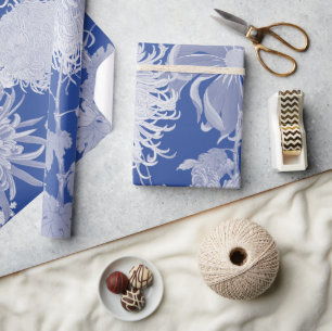 Papier Cadeau Bleu Blanc Vintage Chinoiserie Motif Floral