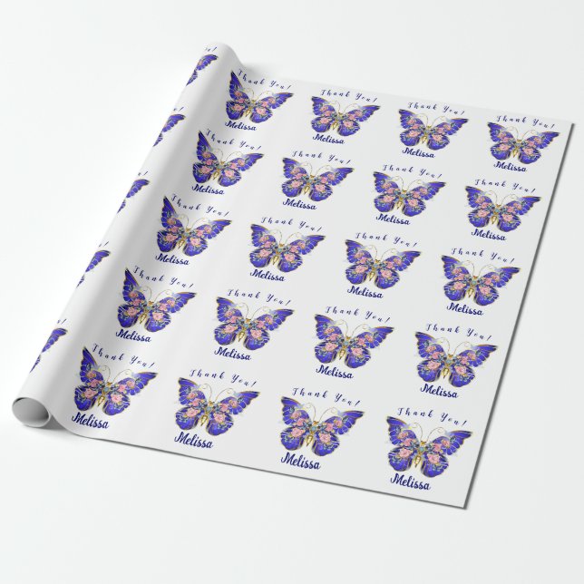 Papier Cadeau Bleu bleu rose or papillon Merci Floral (Déroulé)