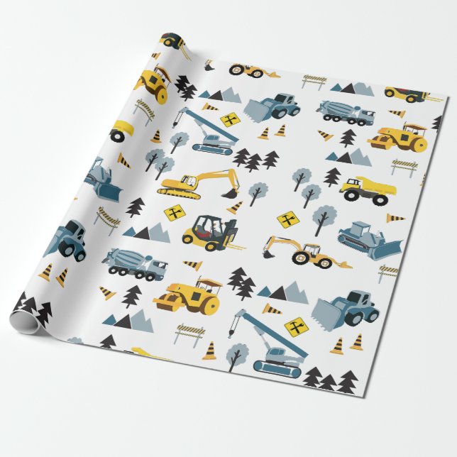 Papier Cadeau Bleu Camions de construction et Motif à thème du s (Déroulé)