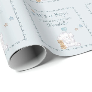 Papier Cadeau Bleu C'est un Garçon Éléphant Bébé Aquarelle