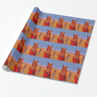 Papier Cadeau Bleu : Cheval de Noël avec arc rouge & bas