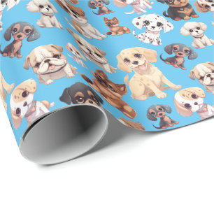 Papier Cadeau Bleu chien chiot mignon