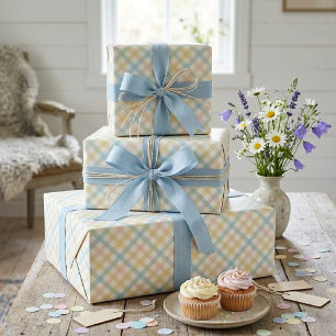 Papier Cadeau Bleu clair Vert Doux Clouet rose Plaid Motif