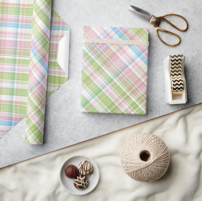 Papier Cadeau Bleu clair Vert Doux Rose Plaid Art Motif (Artisanat)