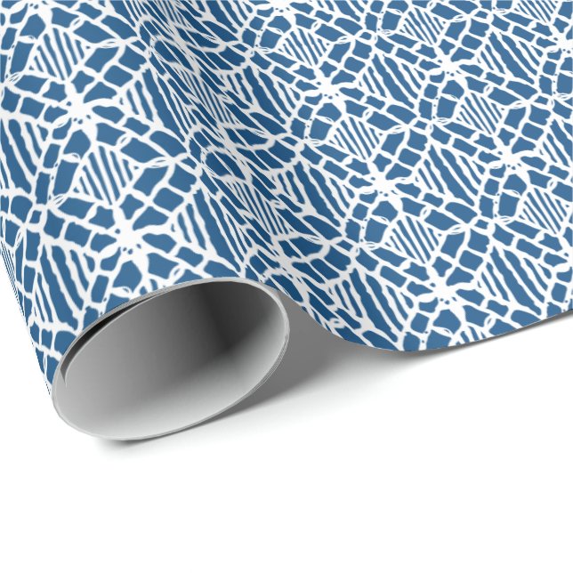 Papier Cadeau Bleu Classique Avec Motif Crochet Blanc (Coin rond)