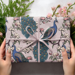 Papier Cadeau Bleu Coloré Peacock & Magnolia Pink Faune