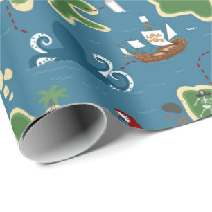 Papier Cadeau Bleu de carte de trésor d'aventure de pirate