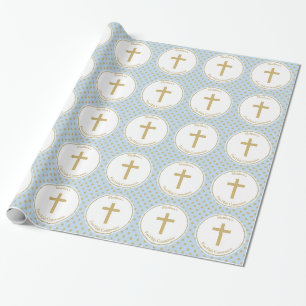 Papier Cadeau Bleu de communion avec Pois d'or