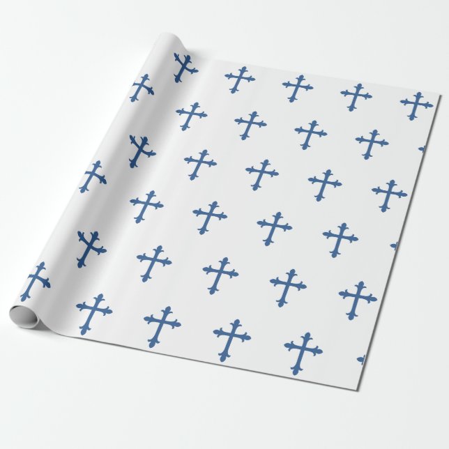 Papier Cadeau Bleu de garçon de confirmation de croix de baptême (Déroulé)