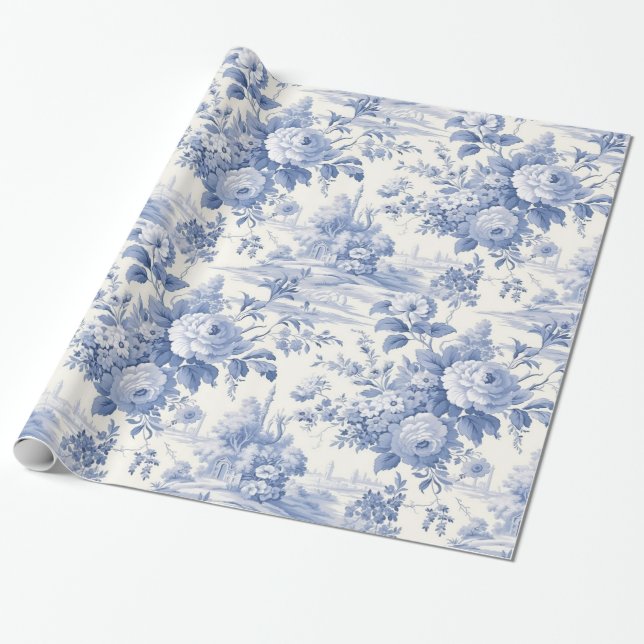 Papier Cadeau Bleu de toile à fleurs (Déroulé)