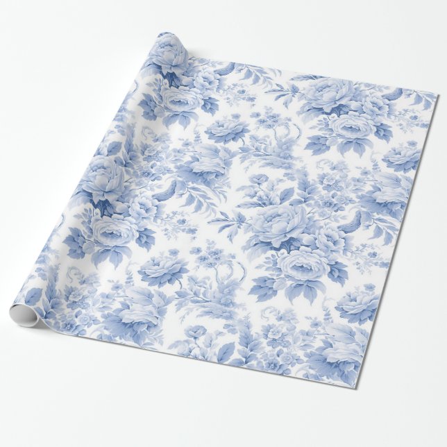 Papier Cadeau Bleu de toile à fleurs (Déroulé)