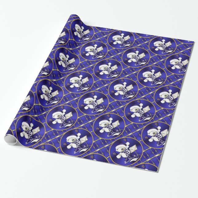 Papier Cadeau Bleu d'ours de Noël et papier d'emballage d'or (Déroulé)
