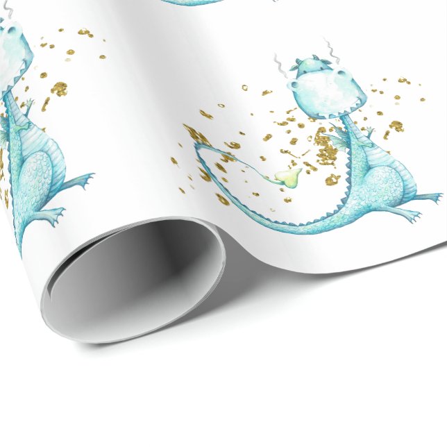 Papier Cadeau *~* Bleu doux Bleu Turquoise Dinosaures de dragon  (Coin rond)