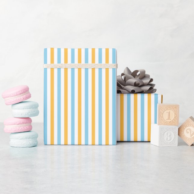 Papier Cadeau Bleu doux et chic rayures jaune et bleu bébé (Baby Shower)
