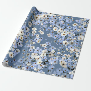 Papier Cadeau Bleu doux fleurs blanches Ditsy pastel boho 70s