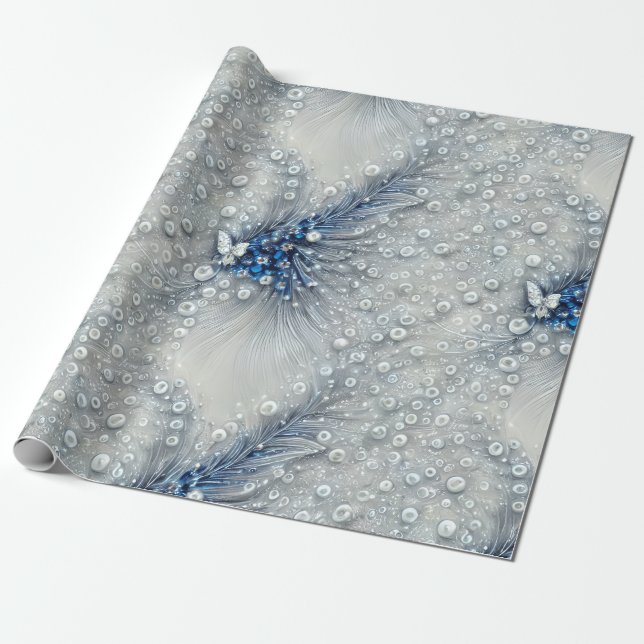 Papier Cadeau Bleu élégant, gris et blanc en plumes (Déroulé)