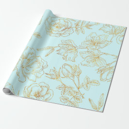 Papier Cadeau Bleu en pastel, avec des roses d'or