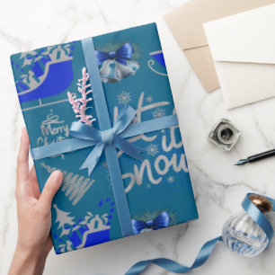 Papier Cadeau Bleu et argent Laisser neiger sur bleu  