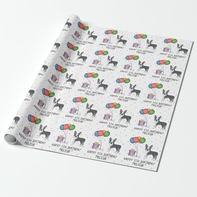 Papier Cadeau Bleu Et Blanc Boston Terrier Cute Dog - Anniversai (Déroulé)