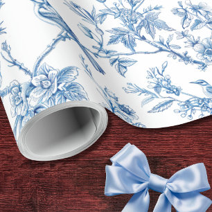 Papier Cadeau Bleu et blanc Chinoiserie Fleurs Oiseaux