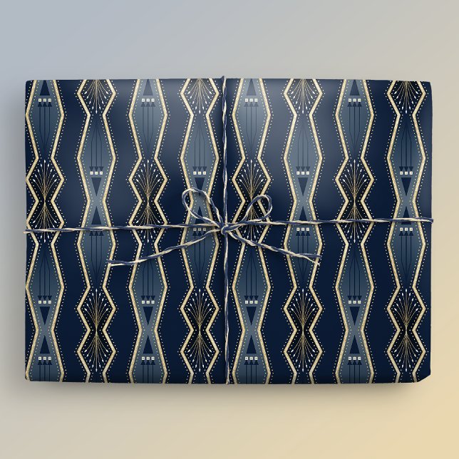 Papier Cadeau Bleu et or élégant Art déco bande (Gift mockup)