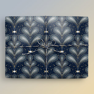 Papier Cadeau Bleu et or élégant Art Déco Celestial Paisley