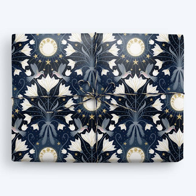 Papier Cadeau Bleu et or élégant Art Nouveau Hummingbird Moon (Créateur téléchargé)