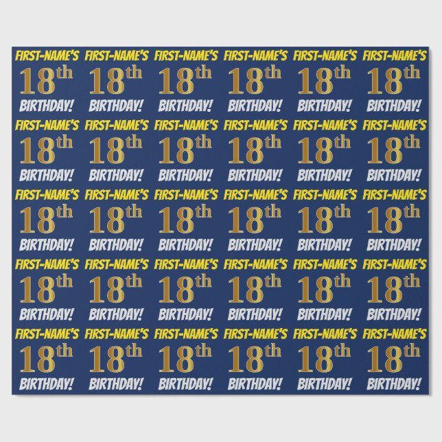 Papier Cadeau Bleu, Faux/Imitation Or, "18e ANNIVERSAIRE" (Plat)