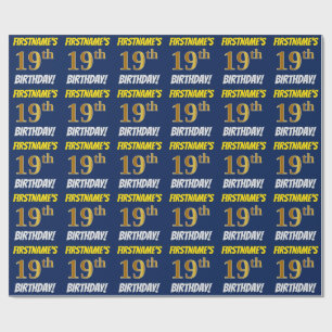 Papier Cadeau Bleu, Faux/Imitation Or, "19e ANNIVERSAIRE"
