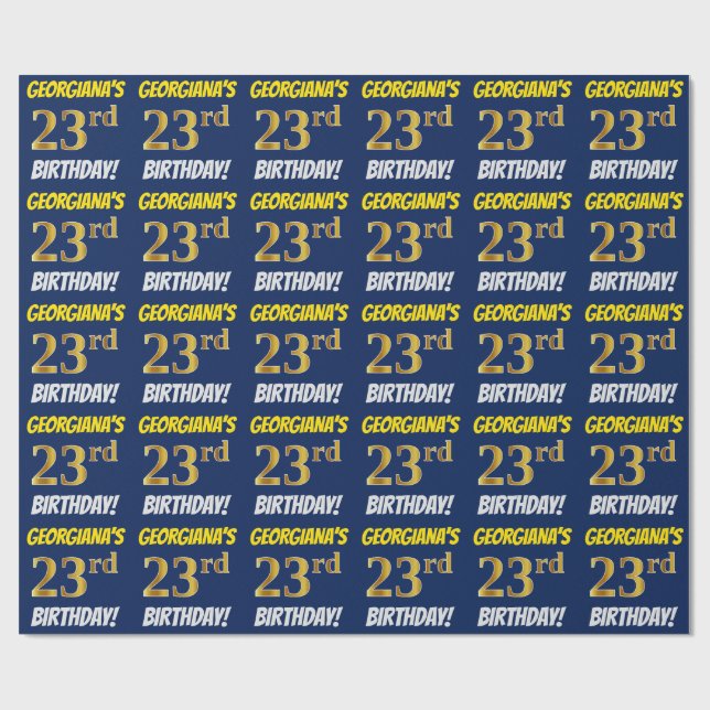 Papier Cadeau Bleu, Faux/Imitation Or, "23e anniversaire" (Plat)